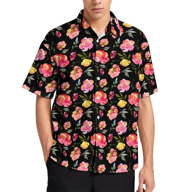 Camisas casuales con estampado completo de rosas en 3D y flores para hombre, camisas y blusas hawaianas de manga corta con botones para playa, ropa de calle de verano