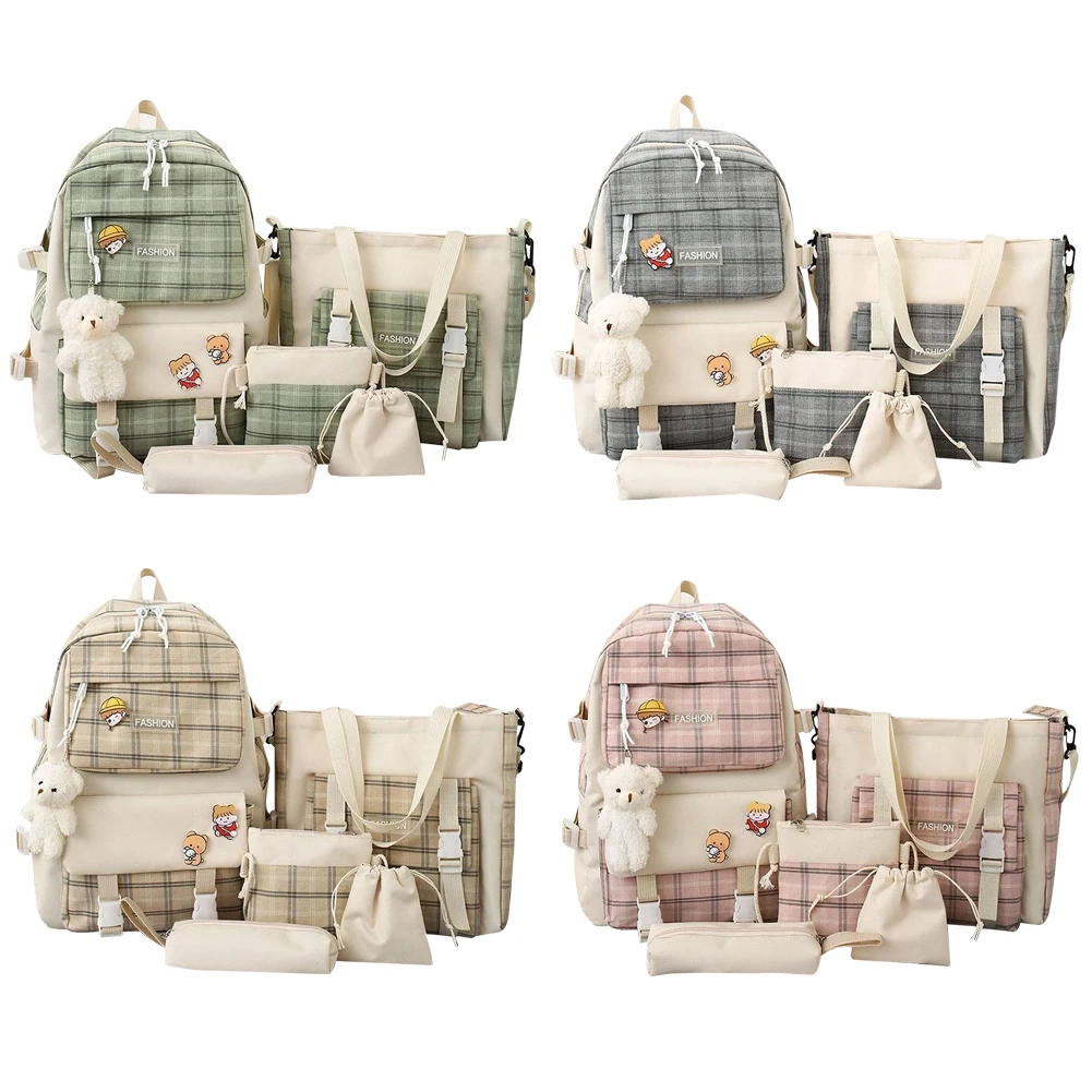 

5pcs/set Aesthetic Backpacks Large Capacity Canvas School Backpack Portable Cute Plaid Knapsack Pendant Badge for Travel Office