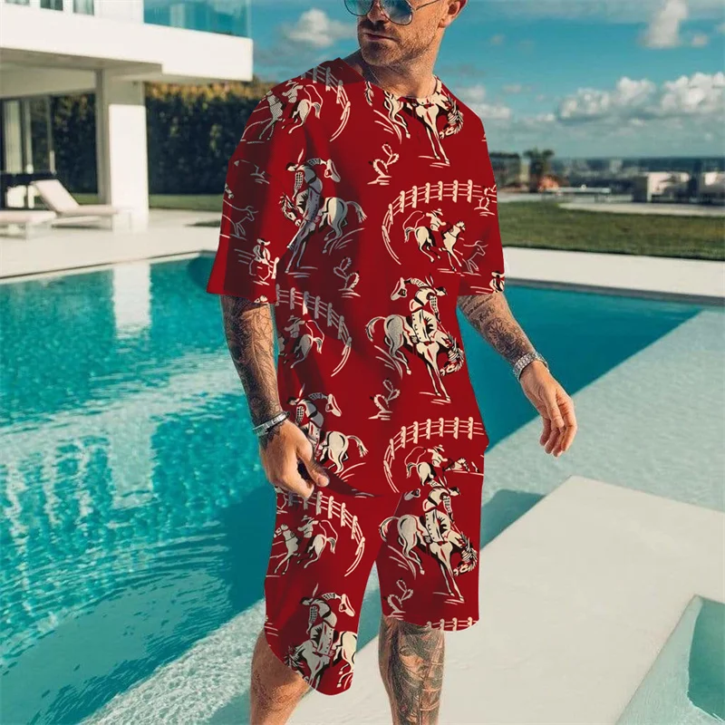 Vintage Wave Print T-shirt Set Summer Men's Beach Breathable