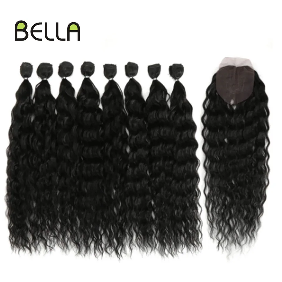 Bella Synthetic Hair Extensions Curly Hair Bundles Closure Water Wave Synthetic Bundles 9Pcs 20 inch Ombre Brown Women synthetic hair extensions