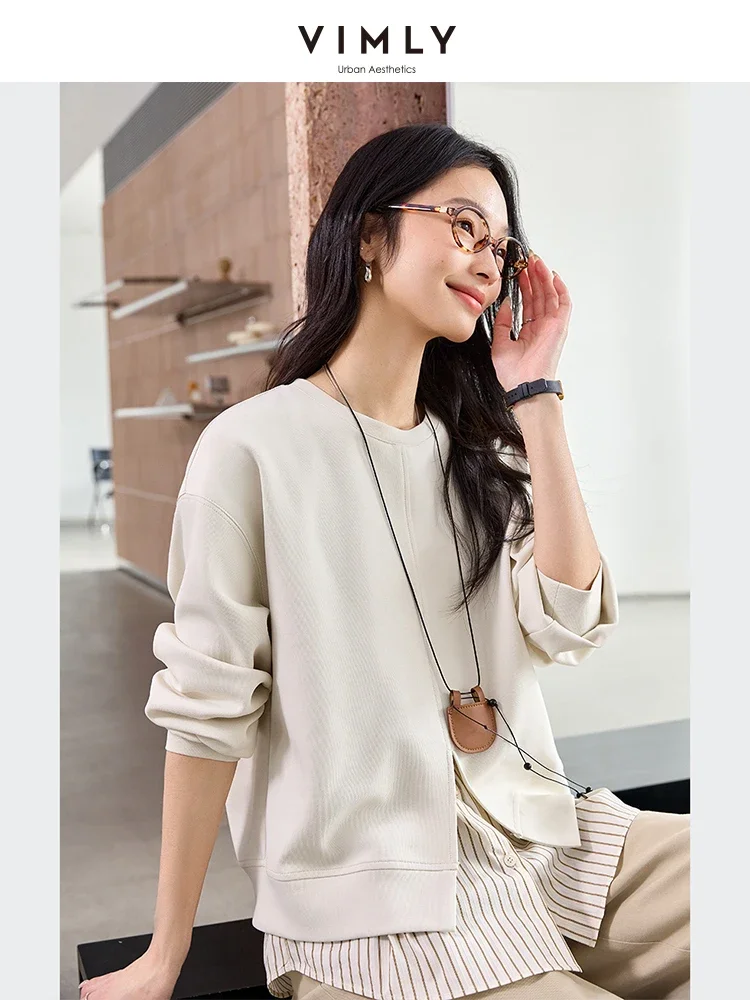 VIMLY Women Commuter Fake 2PCS Spliced Stripe Split at HemSweatshirt 2025Spring Lazy Style Simple Casual Versatile Top Pullovers 5