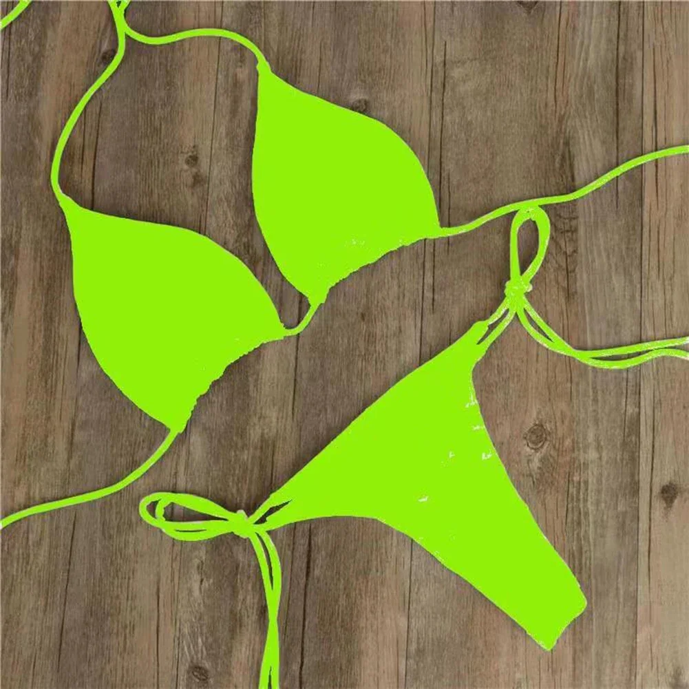 Sexy Women Thong Solid Color Bikini Set Side Halter Tie Swimsuit Ladies Split Strap Adjustable Brazilian Swimwear Soft Beachwear