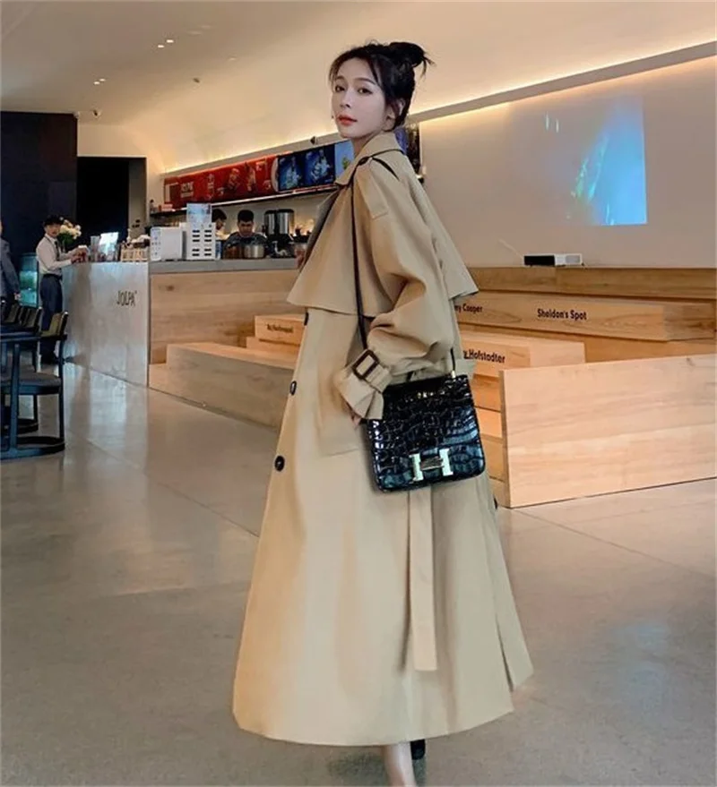 Trench Donna Primaverile Autunno Eleganti Moda Cappotto Classiche Casual Double Breasted Monocromo Lunga Costume Parka Manica Lunga con Tasche Slim Fit Outerwear Giacche (Color : Camel, Size : S
