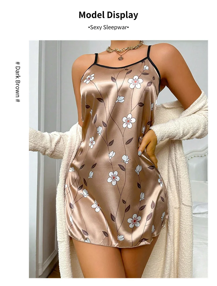 Damen Nachthemd Satin Blumen druck Nachthemd bequemes Spaghetti träger Nachtwäsche Kleid luxuriöses Satin Slip Nachthemd – Detail 5