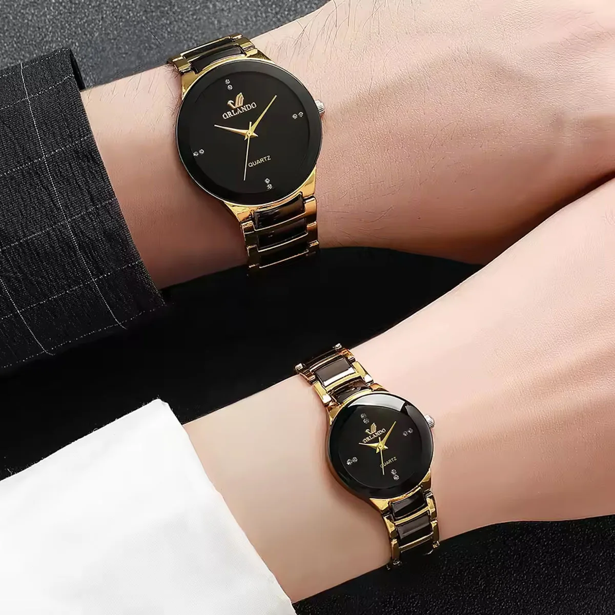 2pcs-Couple's Watches Fashion Stainless Steel Band Men Women Analog Quartz Watches Set