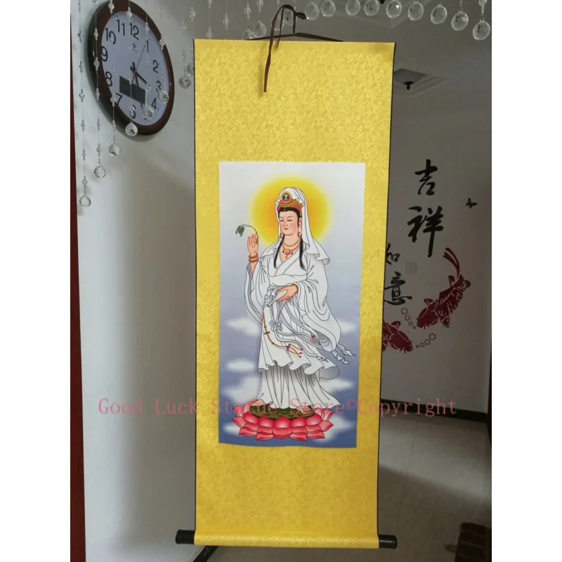 

Home Efficacious Spiritual protection Bless family safe Health Lotus Guanyin Buddha FENG SHUI Decorative chinese silk painting
