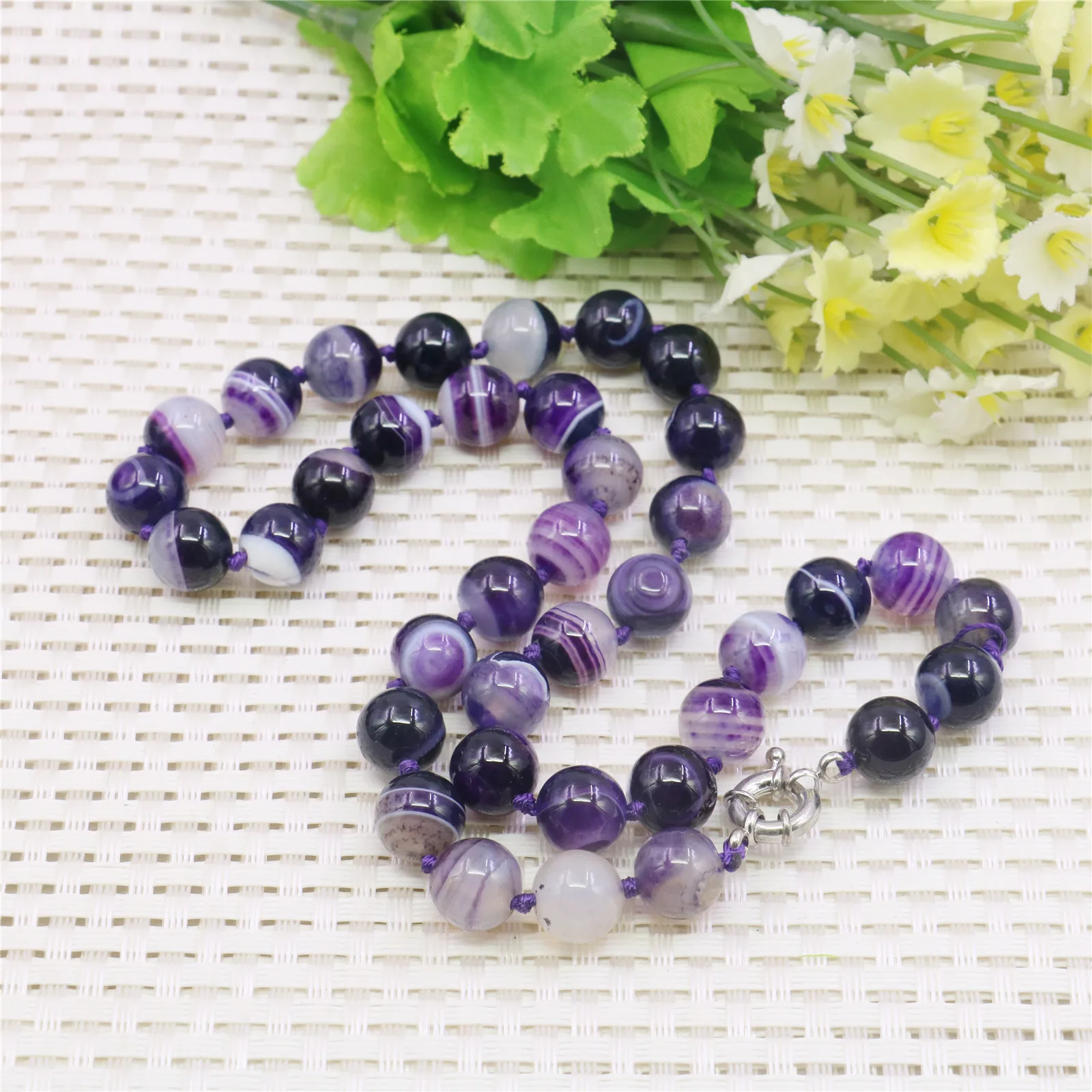 

10mm Round Purple Stripe Agates Onyx Necklace Natural Stone Hand Made DIY Women Hand Made Neckwear Fashion Jewelry Making Design