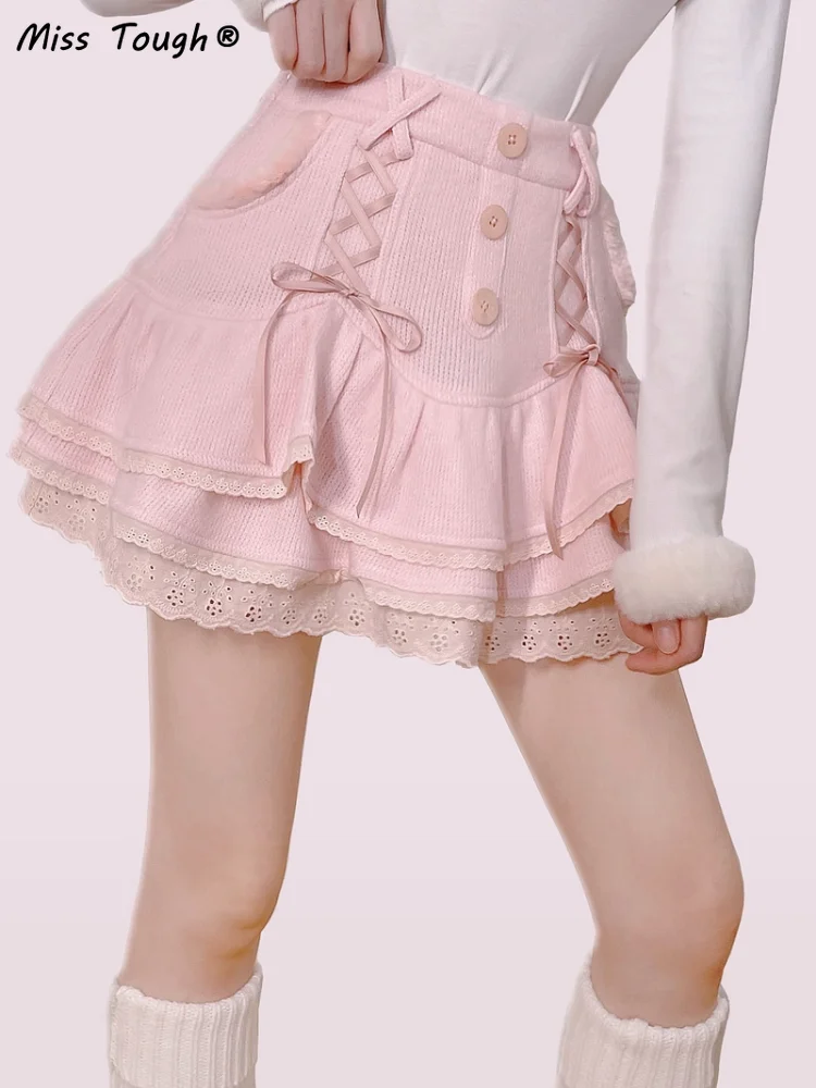 Japanese Sweet Lolita Mini Skirt Women Winter Lace Casual Elegant Kawaii Female Skirt High Waist Bandage Korean Y2k Skirt 2024