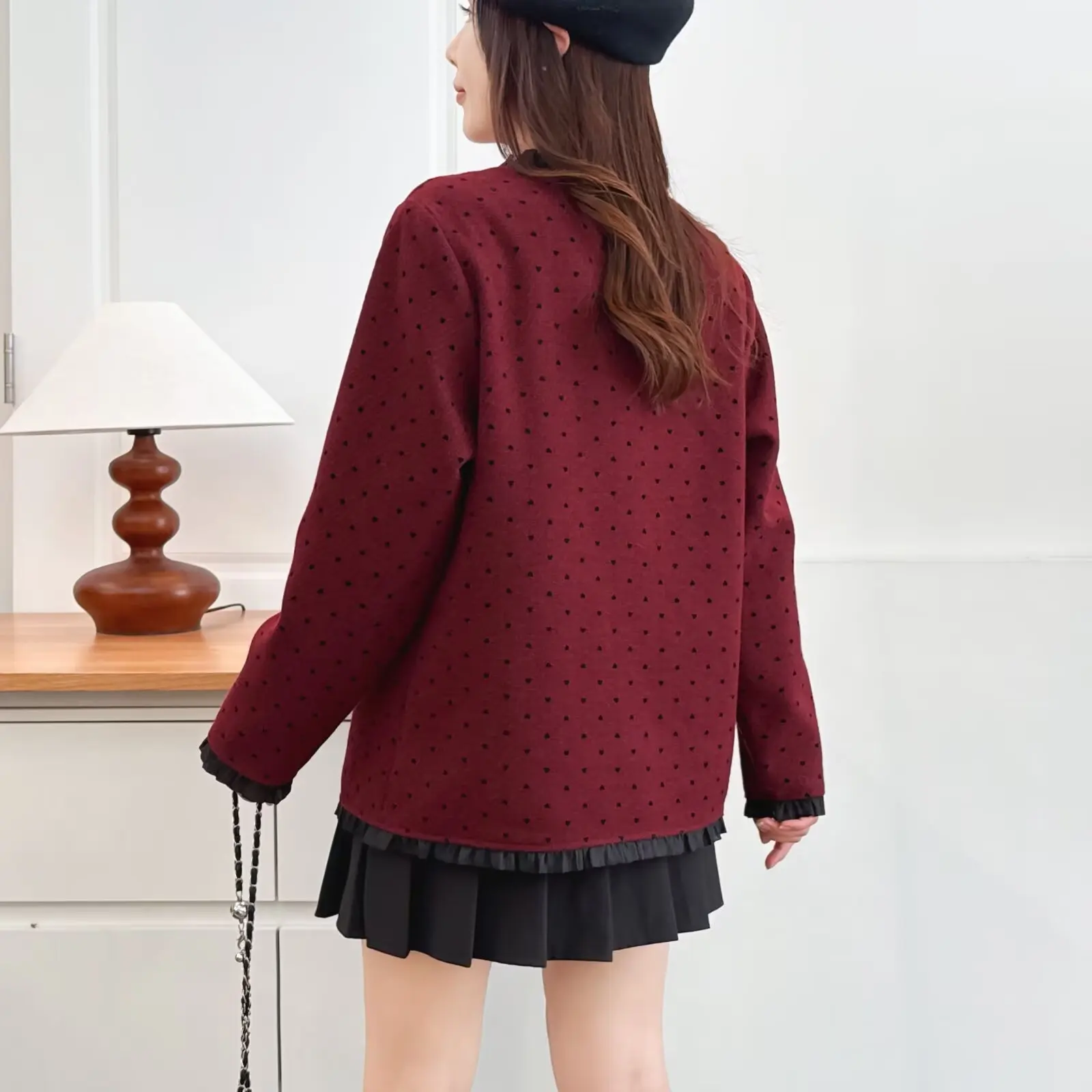 XXXXL Fashion Plus Size Women's Woollen Coat 2025 Autumn New Lace Polka Dot Tweed Jacket 546