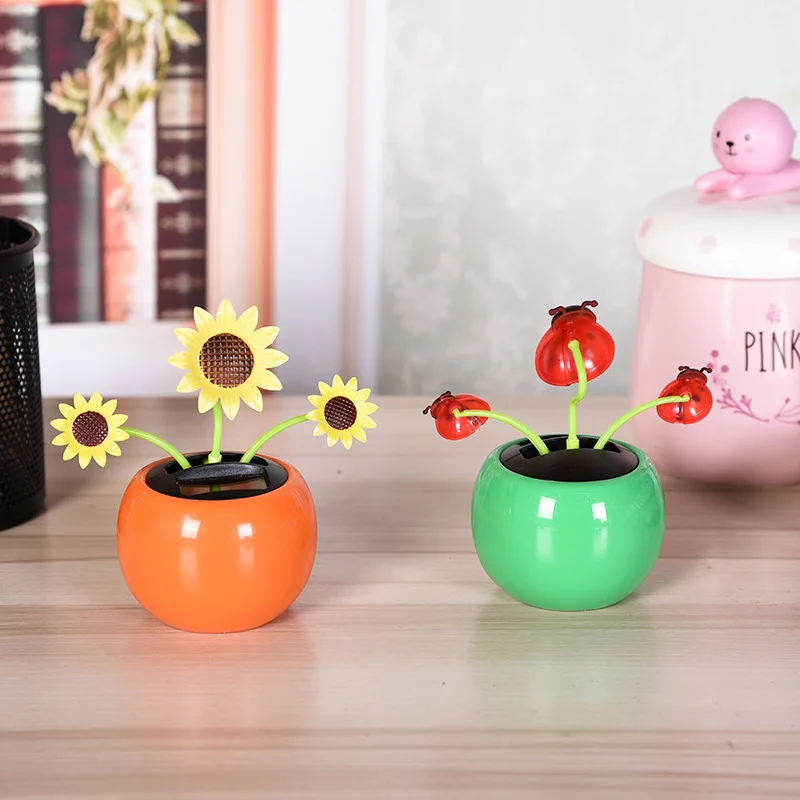 Children Solar Toys Cute Flower Butterfly Bee Swinging Doll Solar Car Ornament Creative Cartoon Flower Car Decoration