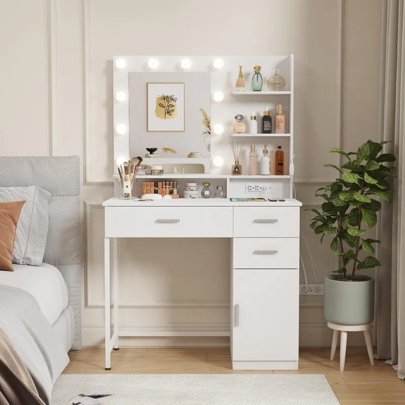 

Lifewit Vanity Desk with Power Outlet, White Makeup Dressing Table with Mirror and Lights, 3 Lighting Modes Adjustable Brightnes