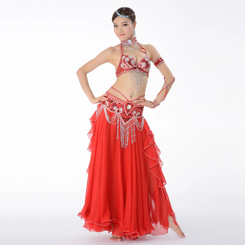 Belly Dance Costume Beading Dance Bra Belt and Long Skirt set Performance Dance 