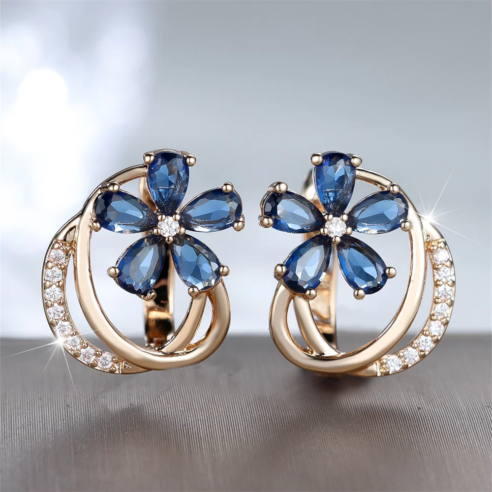 Female Cute Flower Blue Crystal Geometric Hoop Earrings For Women Vintage Gold Color Ear Buckle Wedding Jewelry Engagement Gifts