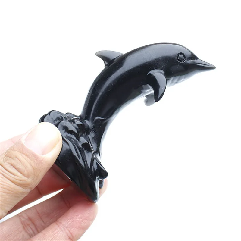

1 Pcs Polished Natural Black Obsidian Crystal Whale Statue For Home Decoration