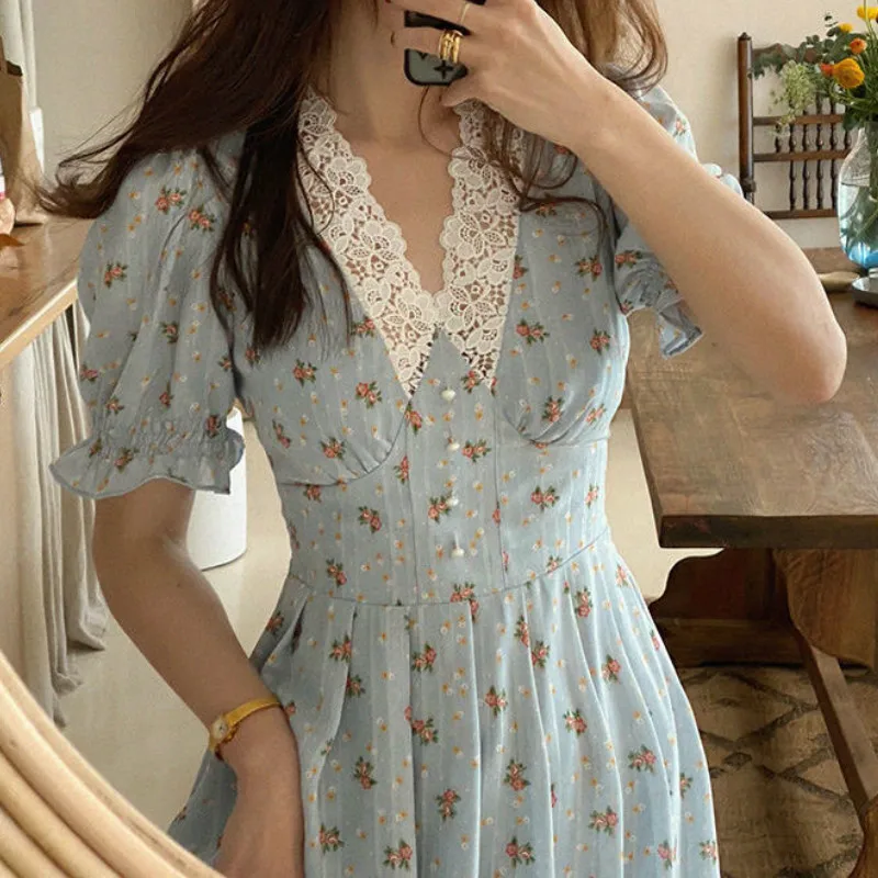 

2023 Women Autumn Floral Cottagecore Dress Elegant Vintage Korean Fashion Lace Chiffon Dresses V Neck Puff Sleeve Midi Vestidos