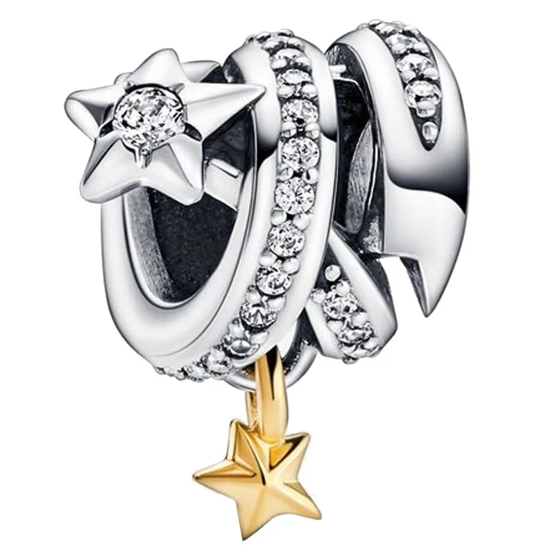 

Authentic 925 Sterling Silver Moments Gold Star With Crystal Dangle Charm Bead Fit Pandora Bracelet & Necklace Jewelry
