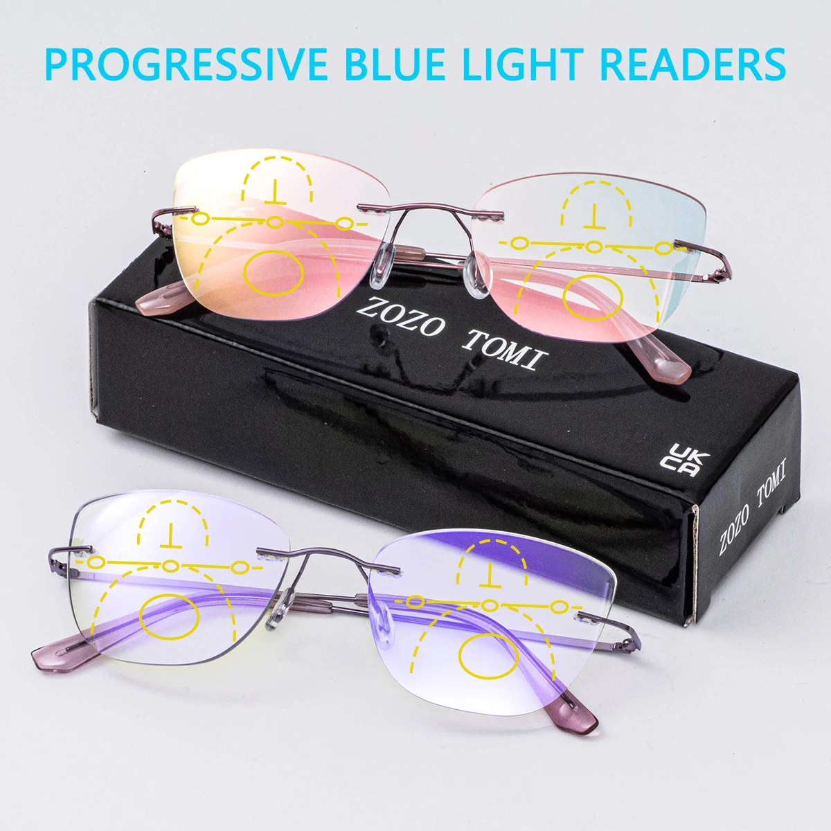 Elegant Cat Eye Rimless Reading Glasses for Women with Pink and Purple Coated Lenses and Flexible Temples