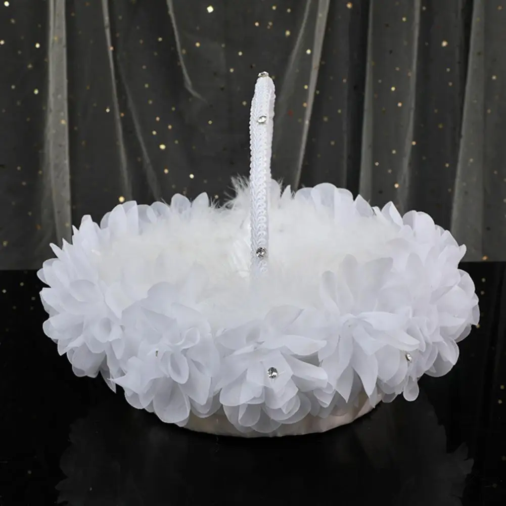 Flower Girl Baskets The Fabric Lace Rhinestones Decoration Handle Flower Girl Basket White Flower Basket Wedding Flower Basket 2