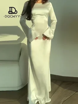 Womens Dresses 2025 New Long Dresses Fashion Simple Round Neck Satin Flare Sleeve Lace Up Slim Evening Party Dresses Sexy Dress 1