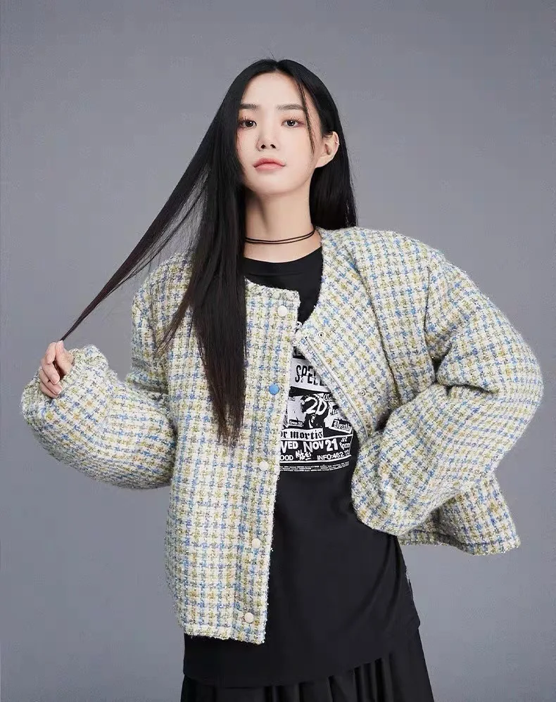 

2023 Winter New Women Plaid Casual White Duck Down Jacket