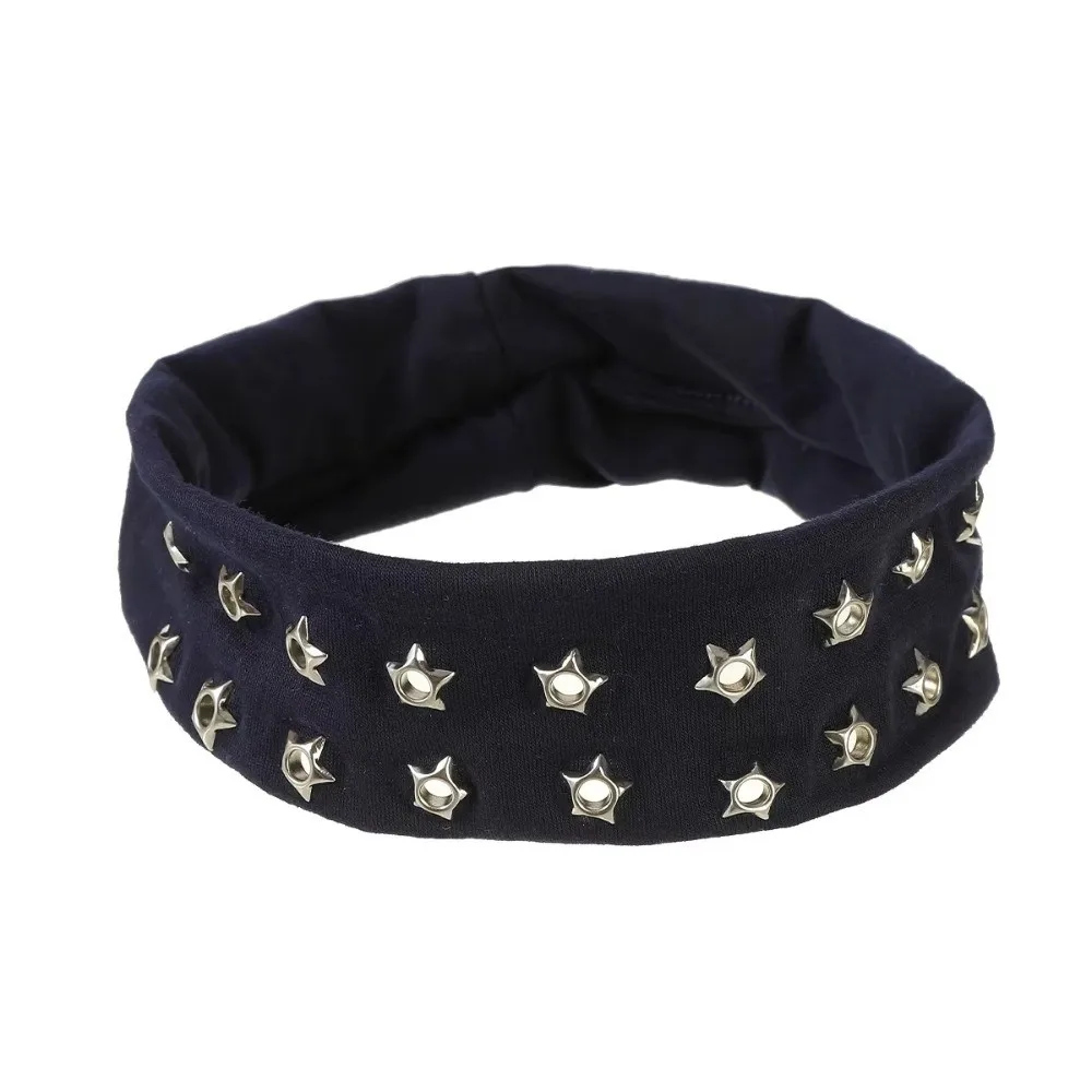 New Metal Rock Hollow Eyelet Elastic Headband Star Air Eye Studded Headbands Fabric Wide Hollow Eyelets Hair Bands Punk