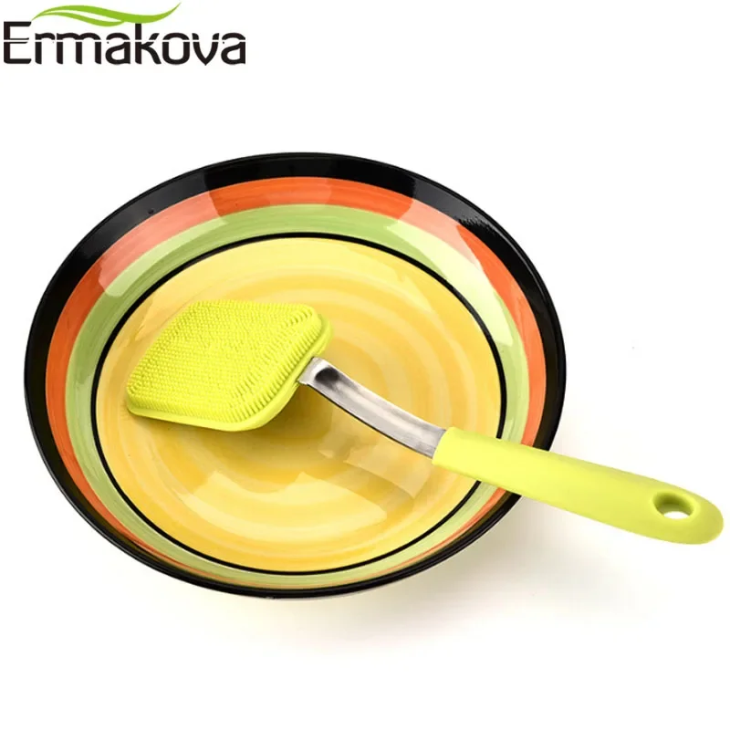 ERMAKOVA Silicone Kitchen Dish Pot Brush Antibacterial Scrub Scrubber Cleaning Sponge with Handle for Dishwashing Gadget Tool images - 6