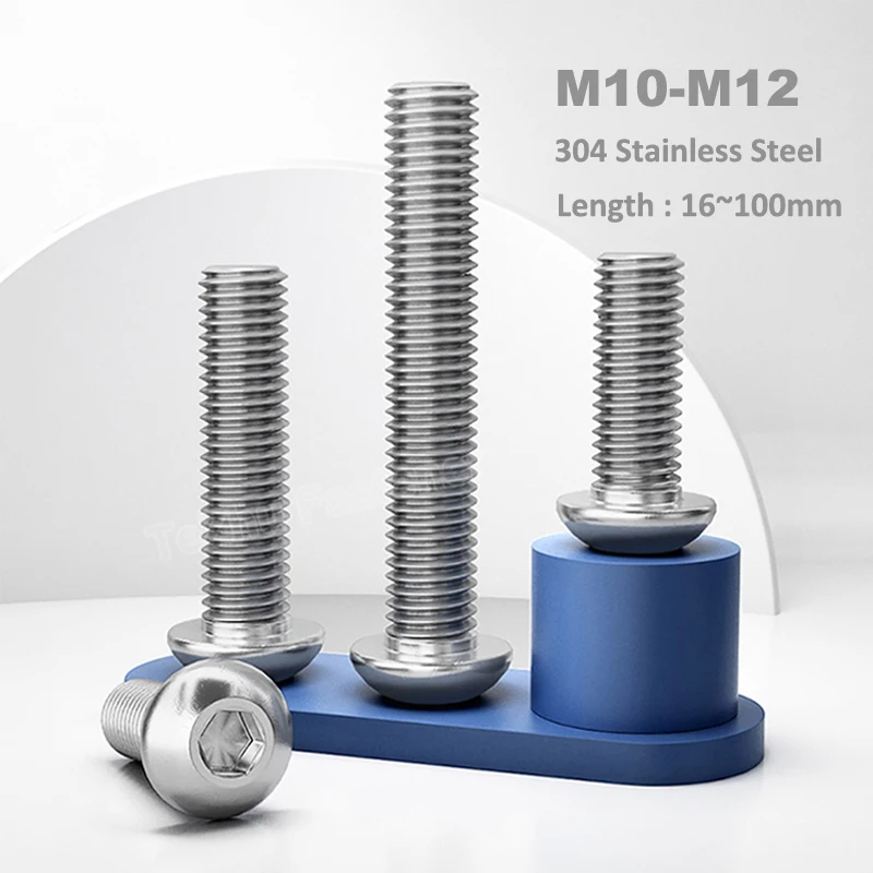 

1pcs M10 M12 A2-70 304 Stainless Steel Round Allen Hexagon Hex Socket Button Pan Head Screw Bolt Machine Screws Length 16~100mm