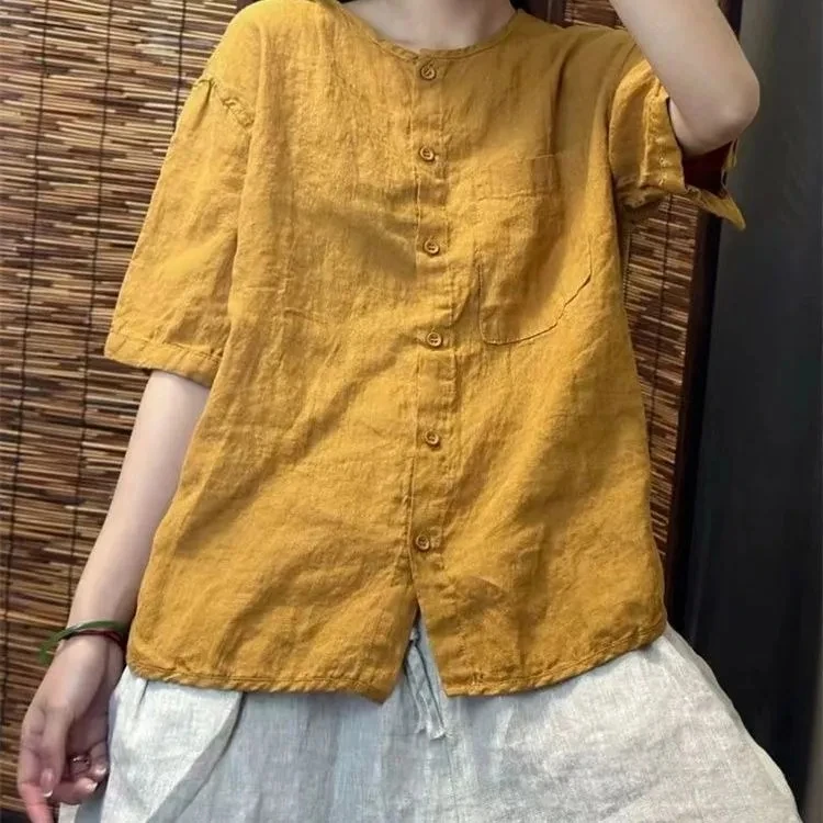 Chiffon Cotton Linen round Neck T-shirt Women Summer New Vintage Art Loose Shirt Open Cardigan Top 2025 Short Shirt For Women 5