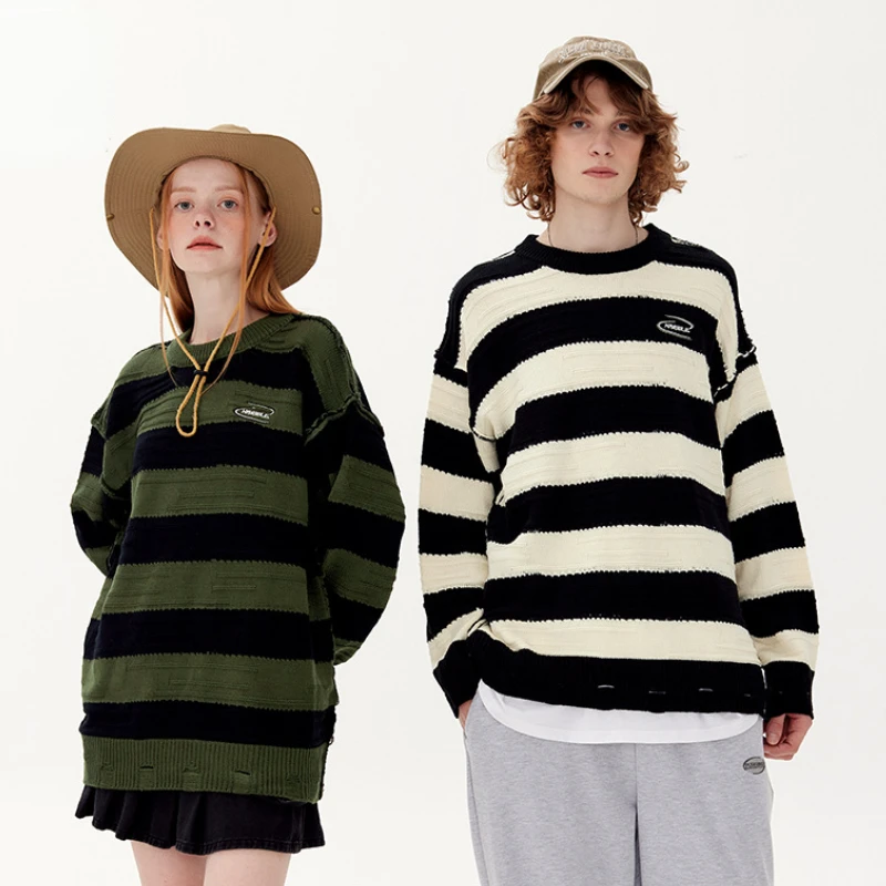 

Oversized Striped Sweater 2023 Autumn Winter O-neck Hole Design Couple Knitted Pullover Korean Fashion Harajuku Female Clothing