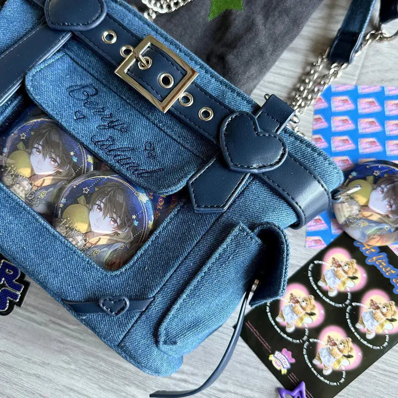 Japanese Denim Transparent Pocket Chain Lolita Women Shoulder Crossbody Bag Cute All Match Handbag Itabag Designer Bag