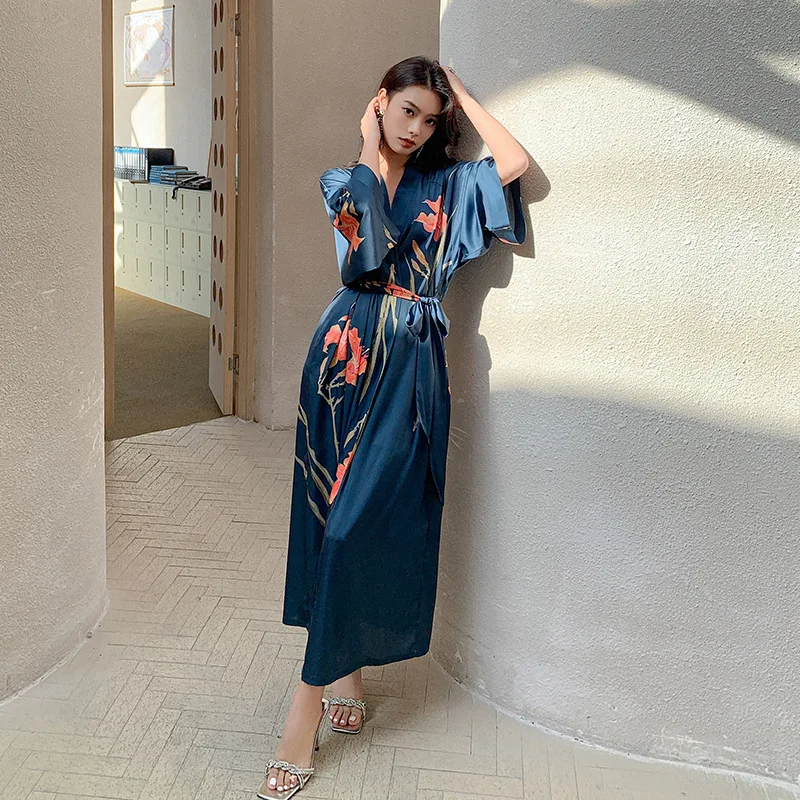 2023 New Nightgown Women's Spring and Summer Thin Section Ice Silk Satin Flower National Style Luxury Tie Morning Robe Bathrobe