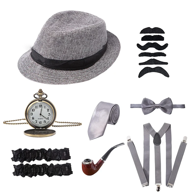 Cleminsta 7 Set Accessori Anni 20 per Uomo, Gatsby Gangster Costume Accessori, con Cappello Panama, Orologio da Tasca, Cinghie, Papillon, Cravatta, Baffi, per Natale Carnevale Festa