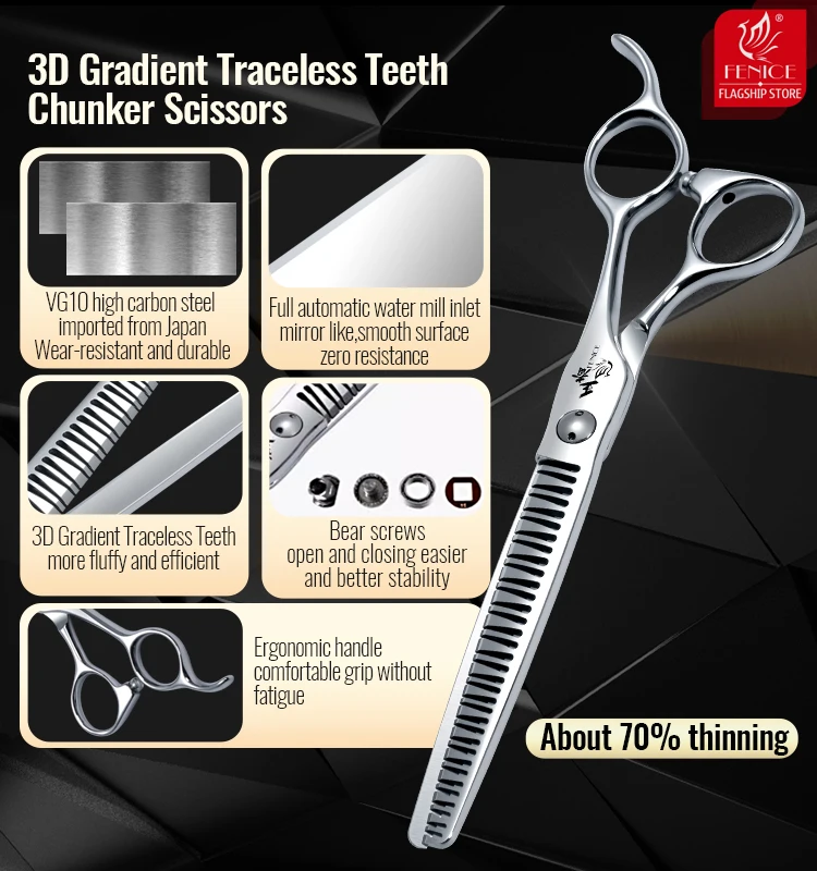 Dog Grooming Scissors 7.0 Inch VG10 Steel 3D Gradient Traceless Teeth Pet Curved/Straight Chunker Scissors Bearing Screws Pet Grooming Shears For Fenice