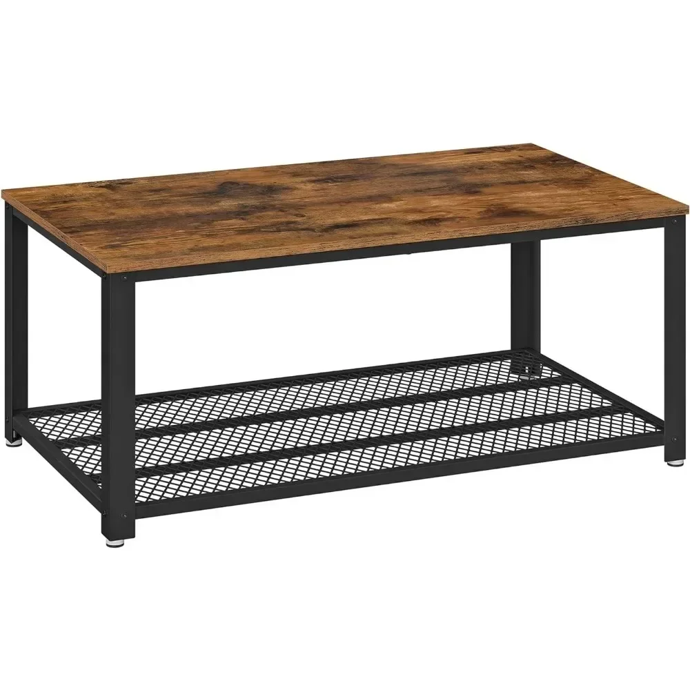 

Coffee Table Adjustable Feet Furniture Free Shipping Rustic Brown and Black Center Table With Mesh Shelf Industrial Style Tables