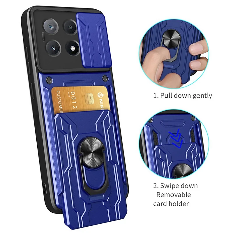 Slide Lens Protect Armor Phone Case with Card Slot & Bracket - Durable Back Cover