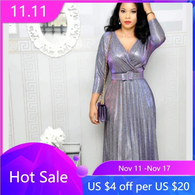 

Elegant Party Dresses For Women Low Cut Sequined Gown Dress With Belt Nine Point Sleeve Ruffle Hem Flowy Long Dress Plus Size