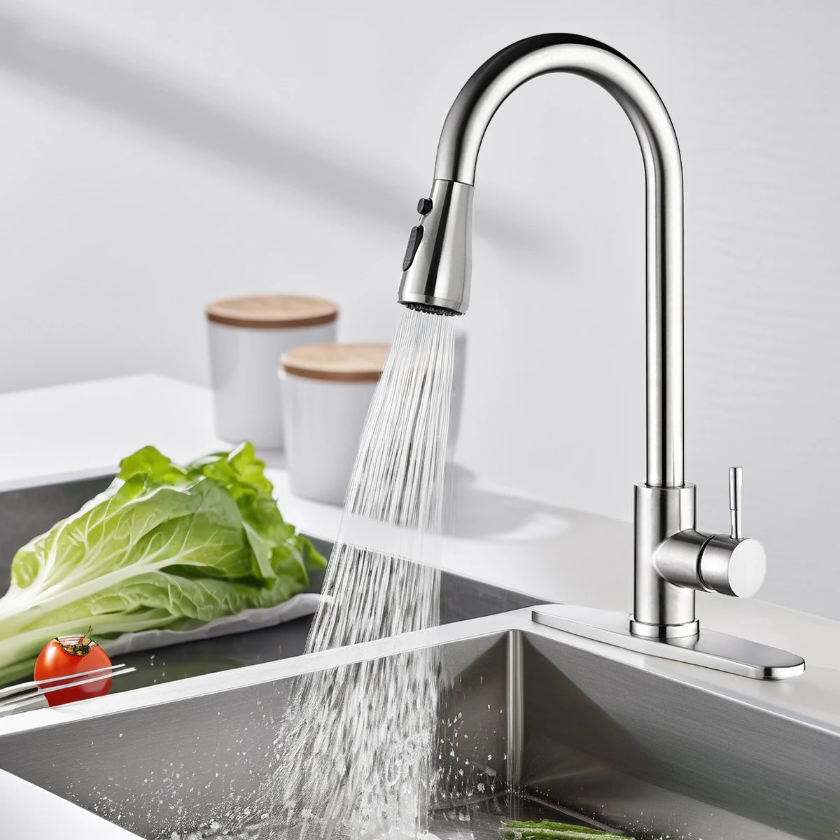 Kitchen Faucet Deck Mounted Pull Out Spout Kitchen Sink Mixer Tap Single Level Stream Sprayer Nozzle Mixer Tap Stainless Steel
