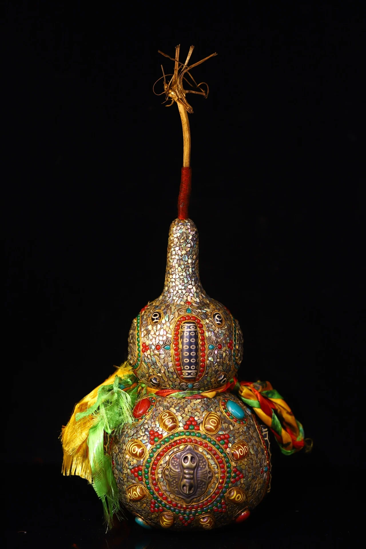 

18"Tibet Temple Collection Old Natural Gourd Filigree Mosaic Gem gZi Beads Shell Vajra Calabash Amulet Worship Hall Town house