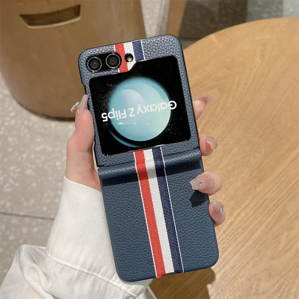 Luxury Leather Cases For Samsung Galaxy Z Flip5 Phone Case Lychee Pattern Fold Shell Anti-Knock All-Inclusive Z-Flip5 Cover