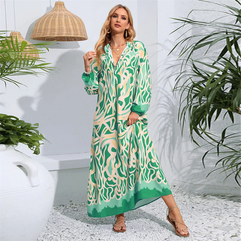 

Middle East Spring/Summer New Pullover V-Neck Dress Sexy Green Print Loose Swing Long Sleeve Elegant Style Long Dress Women's