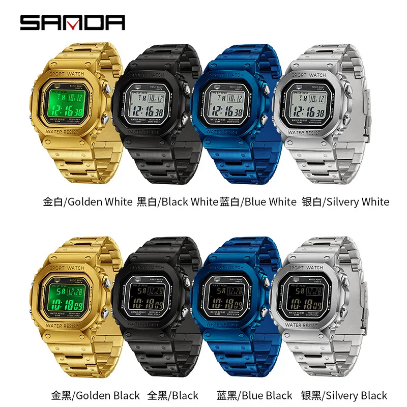 SANDA 2162 Men's Electronic Watch Square Waterproof Multi functional Wrist Watch Square Fashion Night Light Steel Digit Watches