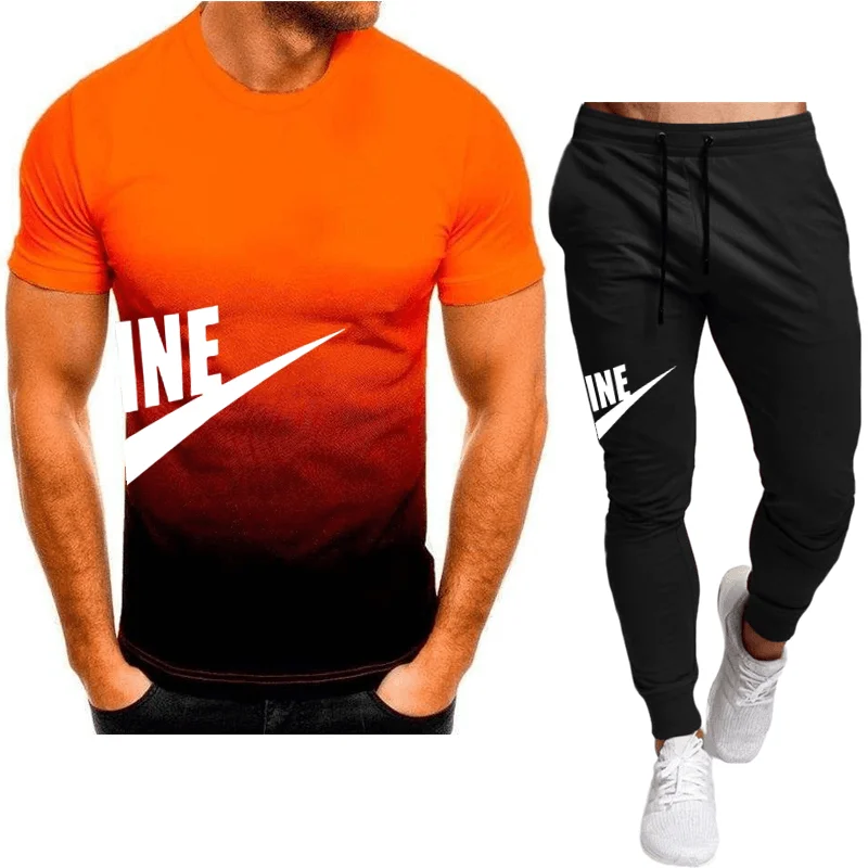 Summer sportswear set, 3D short sleeved T-shirt, long pants set, men's sportswear, printed casual trend, oversized clothes