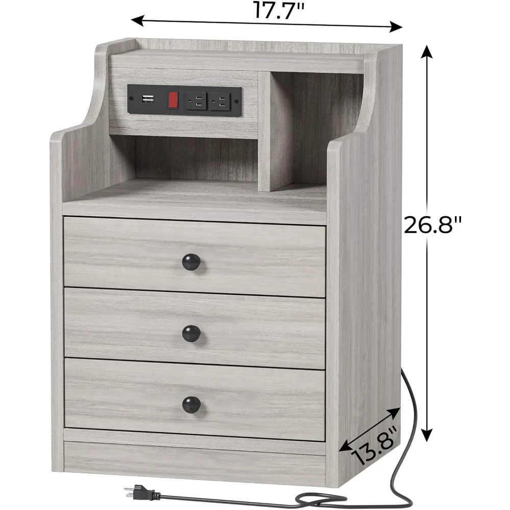 Nightstand set of 2 gray nightstand with charging station & hutch for bedrooms bedside table