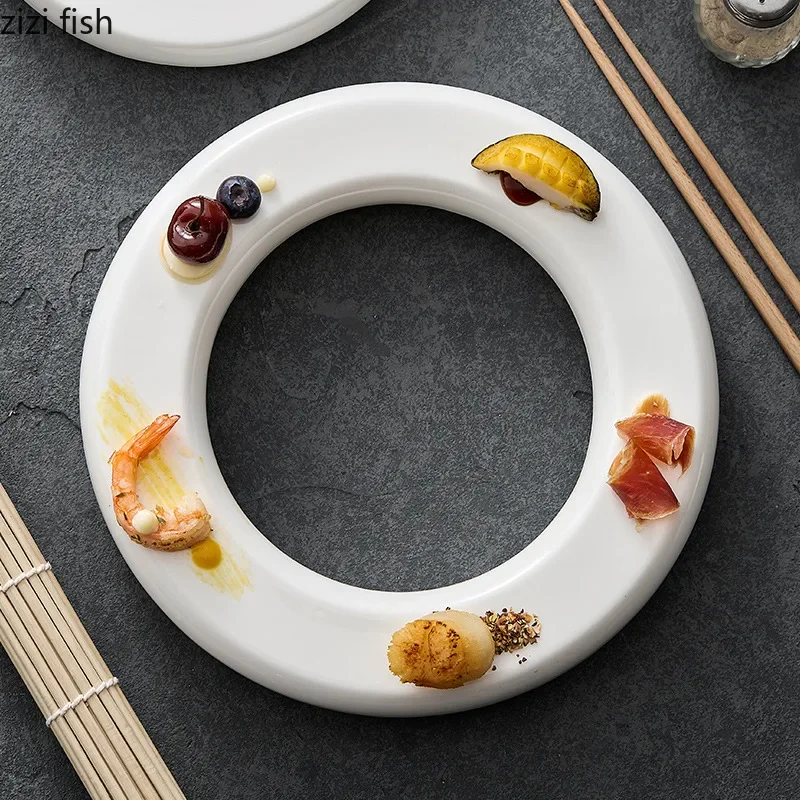 Pure White Ceramic Doughnut Dinner Plate Afternoon Tea Dim Sum Sushi Plate Dessert Snack Restaurant Specialty Tableware