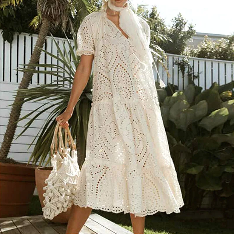 

TEELYNN White Cotton Long Lace Dress Tunic Robe Vintage Floral Emboidery V Neck Loose Boho Dress Summer Casual Lady Vestidos