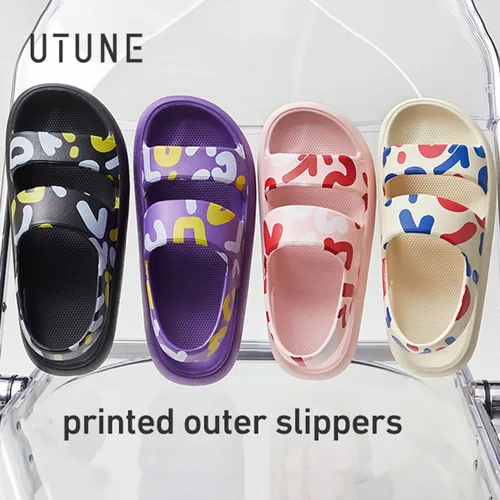 UTUNE 여성용 야외 샌들, 플랫폼 신발 인쇄, 해변 여성 슬라이드 슬리퍼, 야외 EVA 4cm 두꺼운 밑창 미끄럼 방지, 여름 2