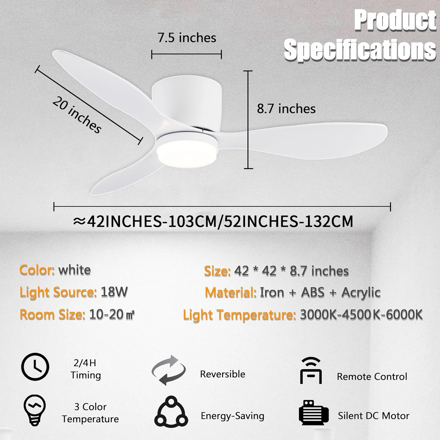 Ceiling fan 42Inch Mount Ceiling Fan Light 3 Colors 6 Speeds Timing Low Profile Ceiling Fan Remote Control Bedroom Dining Room