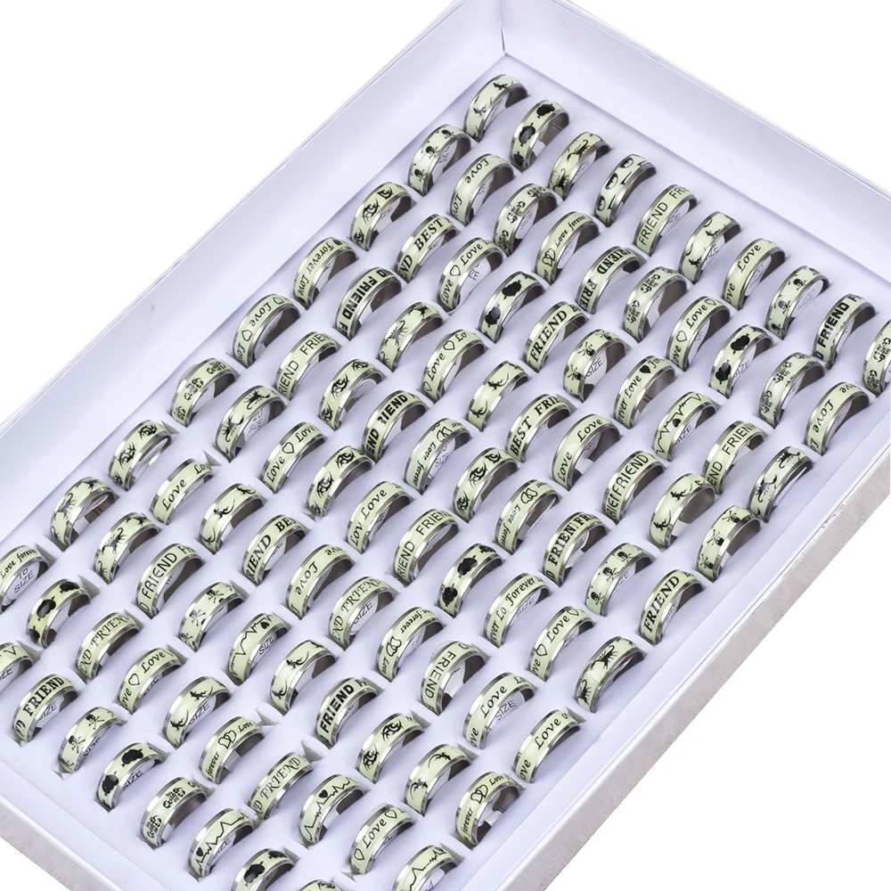 100 Pcs/lot Luminous Stainless Steel Rings Glow in the dark Men Women Party Jewelry Wholesale Lot 4