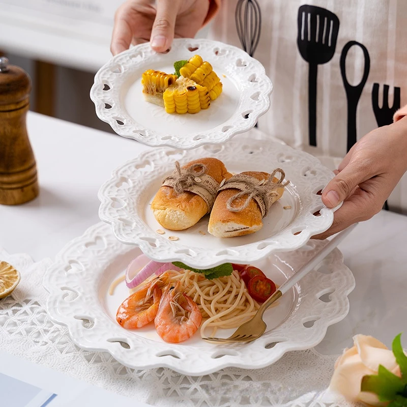 European Relief Love Plate Pure White Heart-shaped Hollow Plate Household Round Bowl Cake Ceramic Dessert Dinner Set Dishes