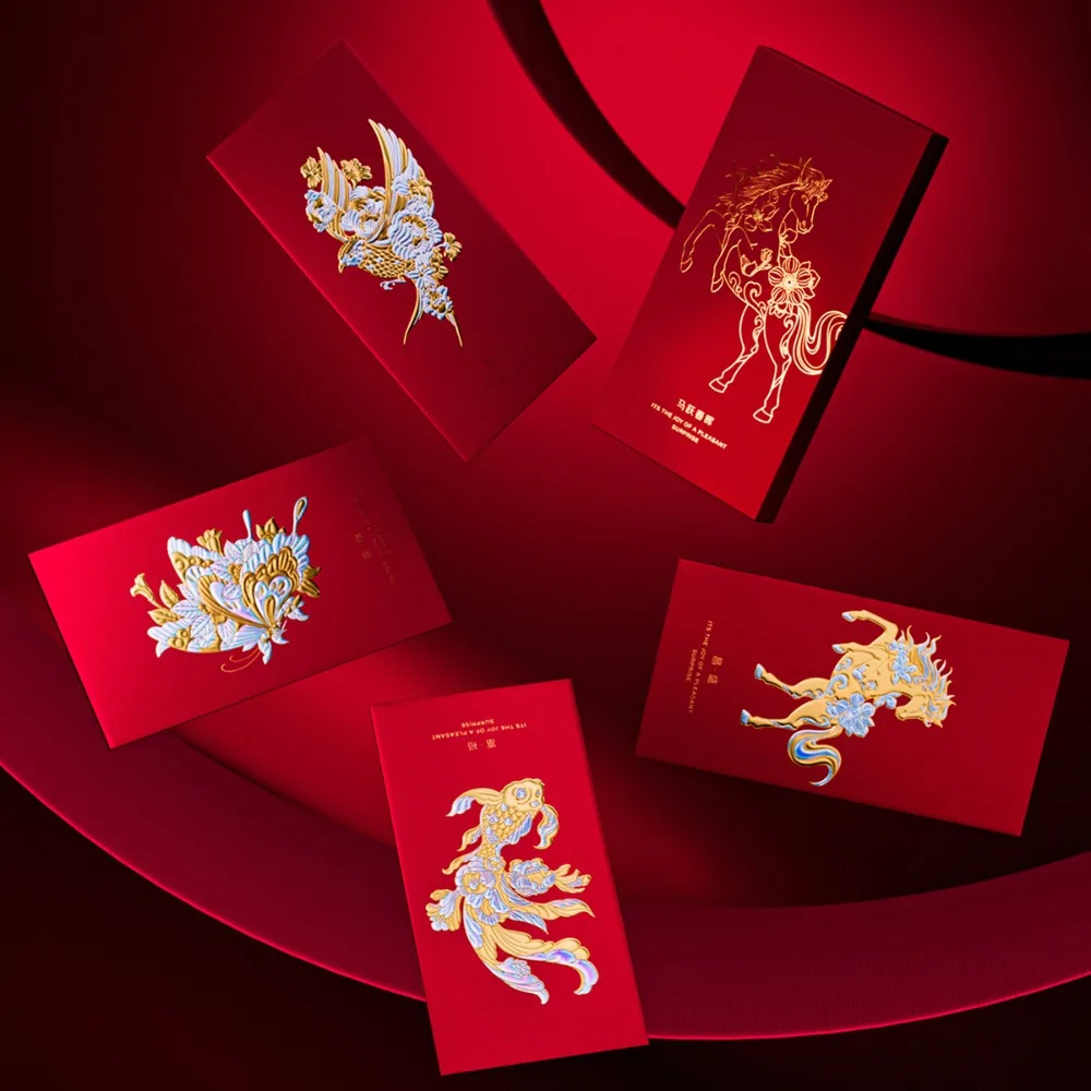 4pcs Relief Pattern 2026 Spring Festival Lucky Money Bag Laser Gloss 3D Year of The Horse Red Packet Thickened Traditional